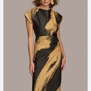Donna Karan Black and Tan Brushstroke Midi Dress